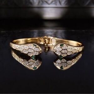 Snake Motif Green & White Simulated Diamonds Gold Cuff Bracelet🐍TREND SETTING🐍